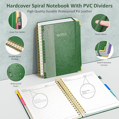 Hardcover Spiral Notebook Journal, 8"x10" Large B5 Notebooks with Removable Dividers Tabs, 300 Pages Leather 5 Subject Notebook College Ruled, Journal for Work School Note, 100 GSM Thick Paper,Green.