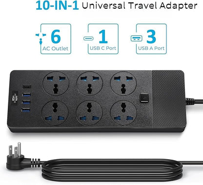 Universal Power Adapter, Jumpso 3000w Power Strip with 4 USB Ports (1 USB C), 6ft Extension Cord with International Outlets, 110-240v, European Travel Plug Adapter for Home Office Travel, Black