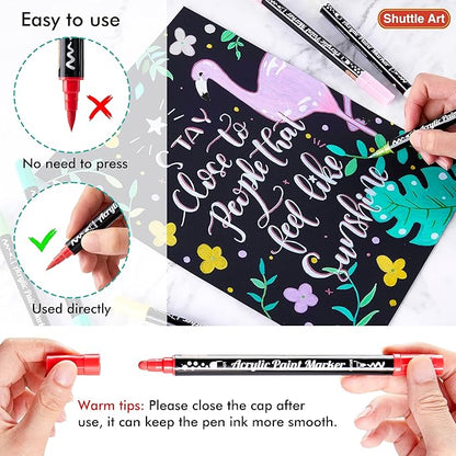 Shuttle Art 36 Colors Dual Tip Acrylic Paint Markers, Brush Tip and Dot Tip Acrylic Paint Pens for Rock Painting, Ceramic, Wood, Canvas, Plastic, Glass, Stone, Calligraphy, Card Making, DIY Crafts