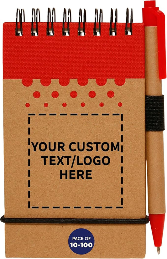 DISCOUNT PROMOS 10/50/100 Recyclable Spiral Small Notebooks Pack - Customizable Text, Logo - 60 Lined Pages - Red