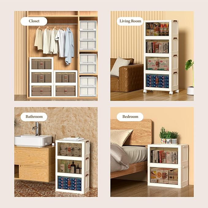 35 QT Large Plastic Storage Bins with Lids Open Front, Stackable Storage Containers with Wheels for Clothes, Home, Room, White, 3 Tiers