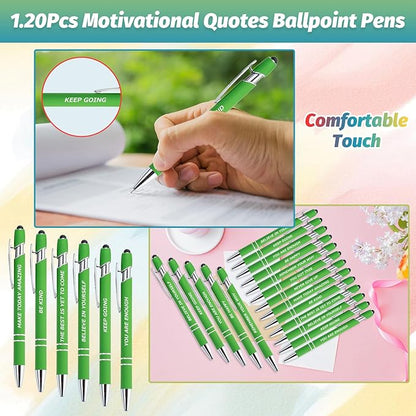 200 Piece Inspirational Pens Kit with Stylus Tip & Sayings – 100 Motivational Pen + 100 Individual Bags – Uplifting Quote & Positive Ideas – For Teachers, Office, School, Meetings (Christmas Green)