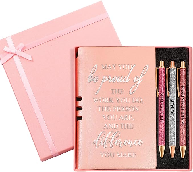 5 Pcs Employee Appreciation Gift Christmas Leather Journal Notebook 3 Ballpoint Pens with Box Thank You for Women Nurse Medical Assistant Coworker Teacher Social Worker Volunteer(Rose Gold)