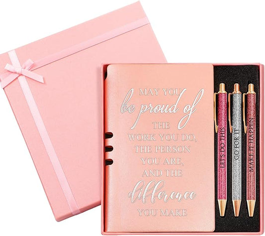 5 Pcs Employee Appreciation Gift Christmas Leather Journal Notebook 3 Ballpoint Pens with Box Thank You for Women Nurse Medical Assistant Coworker Teacher Social Worker Volunteer(Rose Gold)