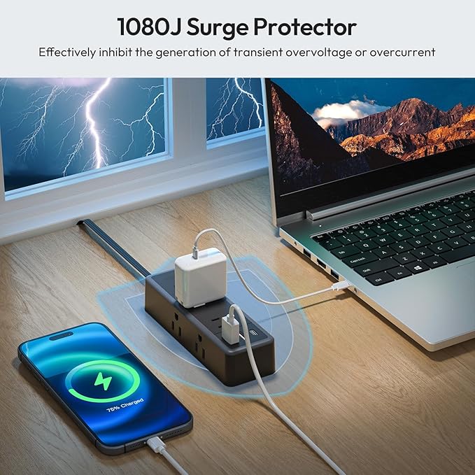 NTONPOWER Extension Cord 25 ft, 1080 Joules Surge Protector Power Strip with 6 Widely Outlets 3 USB (1 USB C), Long Extension Cord for Home Office Dorm Room Essentials