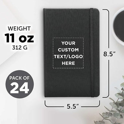 DISCOUNT PROMOS Custom Hardcover Notebook Journals with Elastic Colored Band Set of 24, Personalized Bulk Pack - Perfect for School, Office, Home - Black