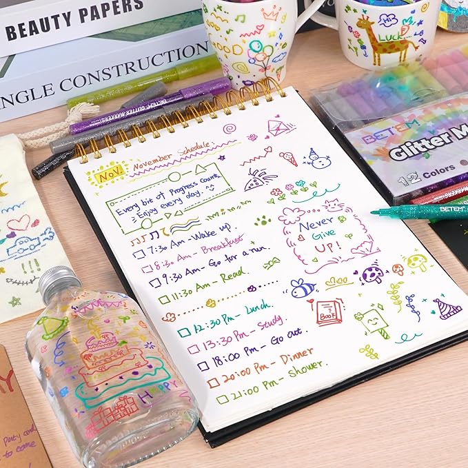 Betem Glitter Markers Pen, 12 Colors Sparkly and Shiny Metallic Markers Fine Tip Water-based Ink Glitter Pens For Scrapbooking Supplies, Glass, Mugs, Rock Painting, Cards, Christmas Gifts for Teens