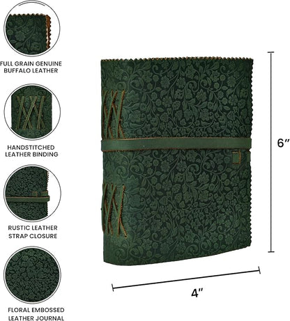 LEATHER VILLAGE Leather Bound Floral Embossed Journal for Women Men - 200 Pages, 6”X4”(A6), Green - Book of Shadows, Vintage Blank Paper Travel Diary, Notebook for Writing, Drawing, Sketchbook