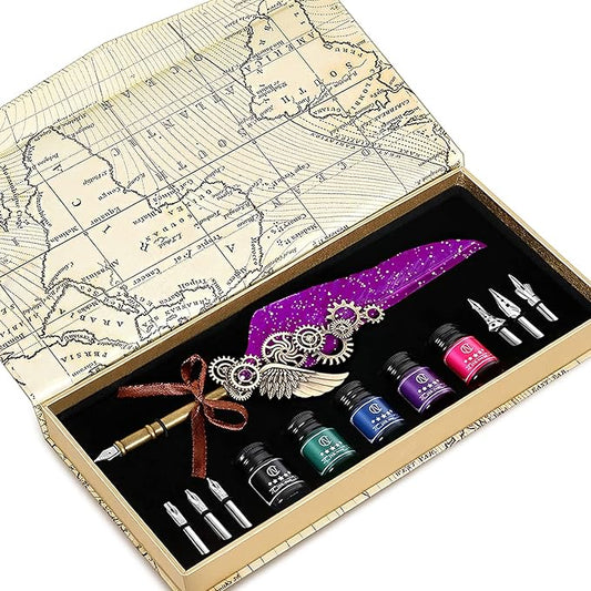 NC Quill Pen Set, Feather Pen With 5 Ink Bottles and 6 Replaceable Nibs, 1 Mechanical Quill, Calligraphy Pen for Writing, Letters, Diary, Signing, Invitation (Purple)