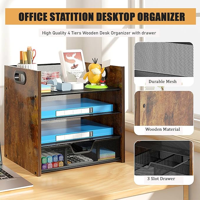 Wood Desk Organizer - 4-Tier Desktop File Organizer with Drawer, Wooden Paper Tray, Office Desk Organizer for Papers, Mail, Notebooks, Stationery