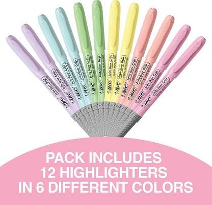 BIC Brite Liner Grip Pastel Highlighter Set, Chisel Tip, 12-Count Pack of Pastel Highlighters in Assorted Colors, Cute Highlighters for Bullet Journaling, Note Taking and More
