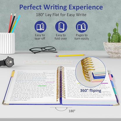 Hardcover Spiral Notebook Journal, 8"x10" Large B5 Notebooks with Removable Dividers Tabs, 300 Pages Leather 5 Subject Notebook College Ruled, Journal for Work School Note, 100 GSM Thick Paper,Blue