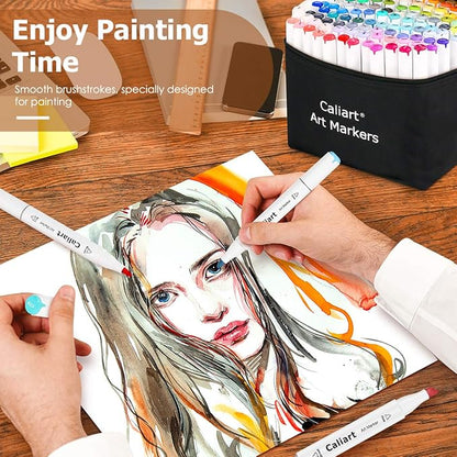 Caliart 121 Colors Alcohol Based Markers, Dual Tip Art Marker Set Chisel & Fine, Permanent Colored Pens for Adults Coloring Book Artists Sketch Illustration Drawing Supplies Gifts