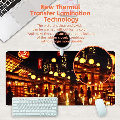 Desk Mat, City Lantern Night Scene Desk Pad, Japanese Traditional House Large Gaming Mouse Pad, 31.5"x15.7" Extended Big Keyboard Mouse Pad with Non-Slip Base and Stitched Edge