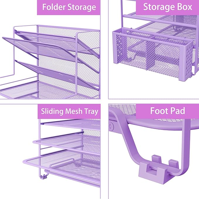Simple Trending 7 Tier Desk File Organizer, Letter Tray Paper Organizer with Pen Holder and Metal Hanging Basket, Purple