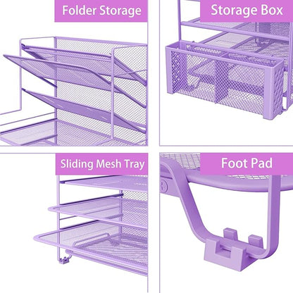 Simple Trending 7 Tier Desk File Organizer, Letter Tray Paper Organizer with Pen Holder and Metal Hanging Basket, Purple