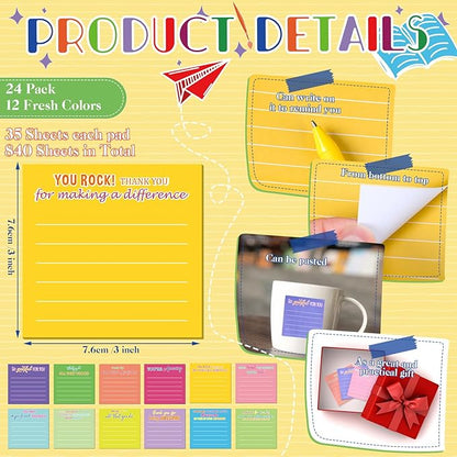 Yinder 12 Pcs Employee Appreciation Sticky Notes Xmas Gift Bulk Motivation Note Pads Mini Inspirational Note Gift for Teacher Nurse Staff Coworker Office Supply 3 x 3'' (Appreciation,Dark Color)