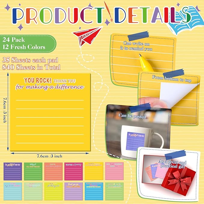 Yinder 48 Pcs Employee Appreciation Sticky Notes Xmas Gift Bulk Motivation Note Pads Mini Inspirational Note Gift for Teacher Nurse Staff Coworker Office Supply 3 x 3'' (Appreciation,Classic Color)