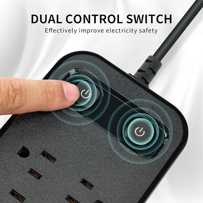 10FT Power Strip with USB Ports Extension Cord, 12 Outlets and 2 USB & 2 USB-C Port(5V 3.1A),Bold Extension Cord with Fuse Surge Protected Flat Plug Power Strip for Home Office (Black)