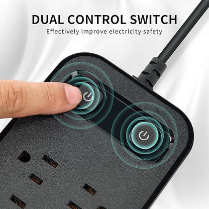 10FT Power Strip with USB Ports Extension Cord, 12 Outlets and 2 USB & 2 USB-C Port(5V 3.1A),Bold Extension Cord with Fuse Surge Protected Flat Plug Power Strip for Home Office (Black)