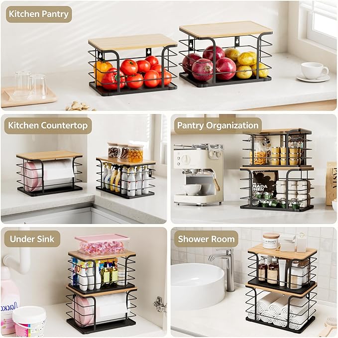 2 Pack Potato and Onion Storage Bin,Stackable Pantry Organizers and Storage with PP Liner and Bamboo Top,Kitchen Storage Organization Counter Basket for Fruits,Produce,Vegetable, Black