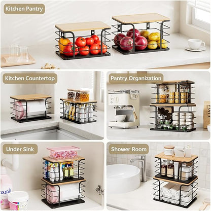 2 Pack Potato and Onion Storage Bin,Stackable Pantry Organizers and Storage with PP Liner and Bamboo Top,Kitchen Storage Organization Counter Basket for Fruits,Produce,Vegetable, Black