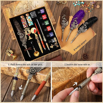 Quill Pen and Ink Set - Mechanical Punk Feather pen - Wooden Dip Pen - Glass Drawing Pen - Multi Ink Calligraphy Pen Set - Basic Wax Seal Stamp Kit- 17 Calligraphy Nibs（Grey）