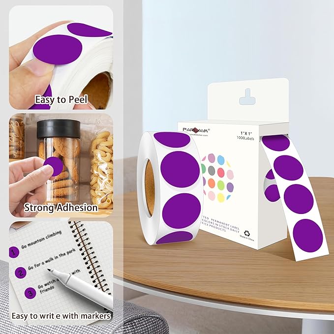 PARLAIM 1 Inch Round Color-Code Dot Stickers,10000per/10 Rolls dots Label Dispenser Box, Purple Circle Stickers Label for Office Home (Purple)