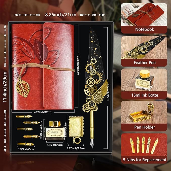 Quill Pen and Ink Set Antique Calligraphy Pen Set with Feather Pen,Leather Notebook for Writing,5 Replaceable Nibs,Pen Holder,Ink,Calligraphy Pens for Beginners Vintage Decor Gift Set