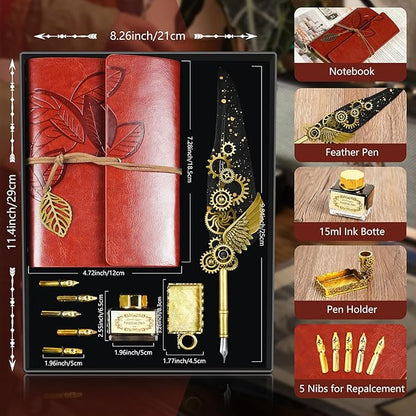 Quill Pen and Ink Set Antique Calligraphy Pen Set with Feather Pen,Leather Notebook for Writing,5 Replaceable Nibs,Pen Holder,Ink,Calligraphy Pens for Beginners Vintage Decor Gift Set