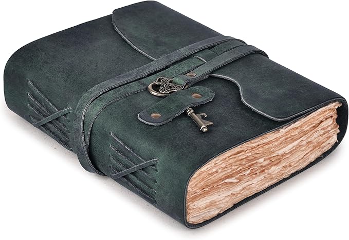 LEATHER VILLAGE Vintage Leather Journal – 200 Handmade Vintage Deckle Edge Paper – Leather bound Journal For Women Men – Vintage Key Closure - Book of Shadows - Turquoise - 6X4 inches (A6)