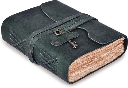 LEATHER VILLAGE Vintage Leather Journal – 200 Handmade Vintage Deckle Edge Paper – Leather bound Journal For Women Men – Vintage Key Closure - Book of Shadows - Turquoise - 13X8 inches
