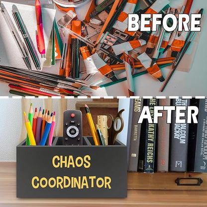 Chaos Coordinator Black Yellow Pen Pencil Holder Organizer for Desk, Thank You Gifts for Women Men Coworkers Boss Leader Manager, Appreciation Gifts Wooden Box Sign for Desk Tabletop Decorations