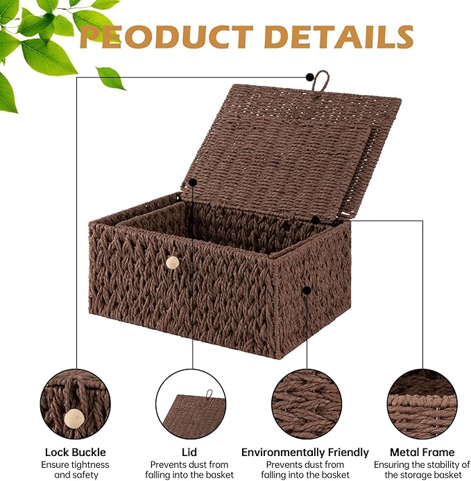 OIAHOMY Wicker Storage Basket with Lid & Lock, Lidded Storage Bins, Decorative Baskets for Organizing, Set of 2-Brown