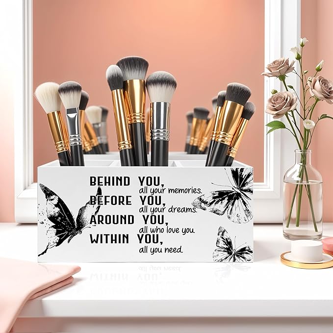 Retro Butterfly Graduation Pencil Pen Holder for Desk, Behind You All Your Memories Wooden Pencil Holder Organizer for Home Office Desk Accessories, Graduation Gifts for Her