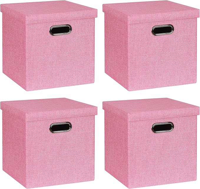 Storage Bins with Lids, Collapsible Linen Fabric Boxes Organizer Containers with Lid Foldable Storage Box Basket for Closet, Shelves, Home, Office, 12 x 12 x 12.4 Inch, 4 Pack, Pink