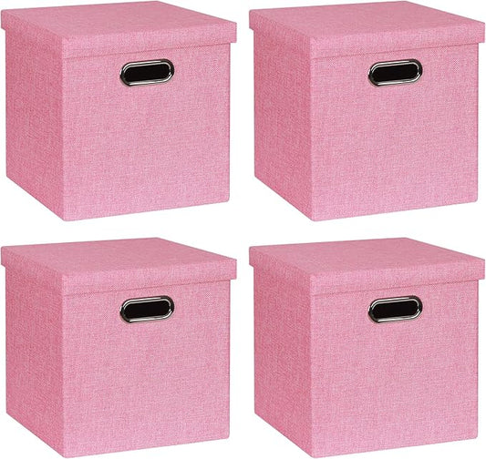 Storage Bins with Lids, Collapsible Linen Fabric Boxes Organizer Containers with Lid Foldable Storage Box Basket for Closet, Shelves, Home, Office, 12 x 12 x 12.4 Inch, 4 Pack, Pink