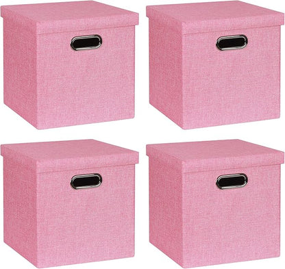 Storage Bins with Lids, Collapsible Linen Fabric Boxes Organizer Containers with Lid Foldable Storage Box Basket for Closet, Shelves, Home, Office, 11 x 11 x 11.4 Inch, 4 Pack, Pink