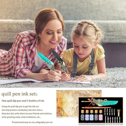 Feather Calligraphy Pen Ink Set, Mechanical Feather Pen and Wooden Dip Pen, 5 Colors of Ink, 12 Replacement Nibs, Pen Holder, Envelope and Letter Paper (Green)