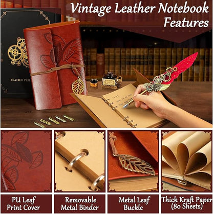 Feather Quill Pen and Ink Set,Antique Calligraphy Set with Leather Journal Notebook,Feather Pen,5 Gold Nibs,Pen Holder,Ink,Calligraphy Kits for Beginners Christmas Gift