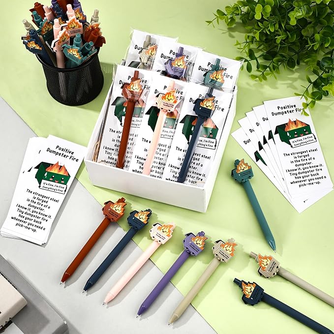 60 Sets Dumpster Fire Gifts Funny Dumpster Fire Ballpoint Pens and Bookmarks Bulk Emotional Support Gift for Christmas Office Desk Accessories Work Coworkers Team Employee Staff Teachers