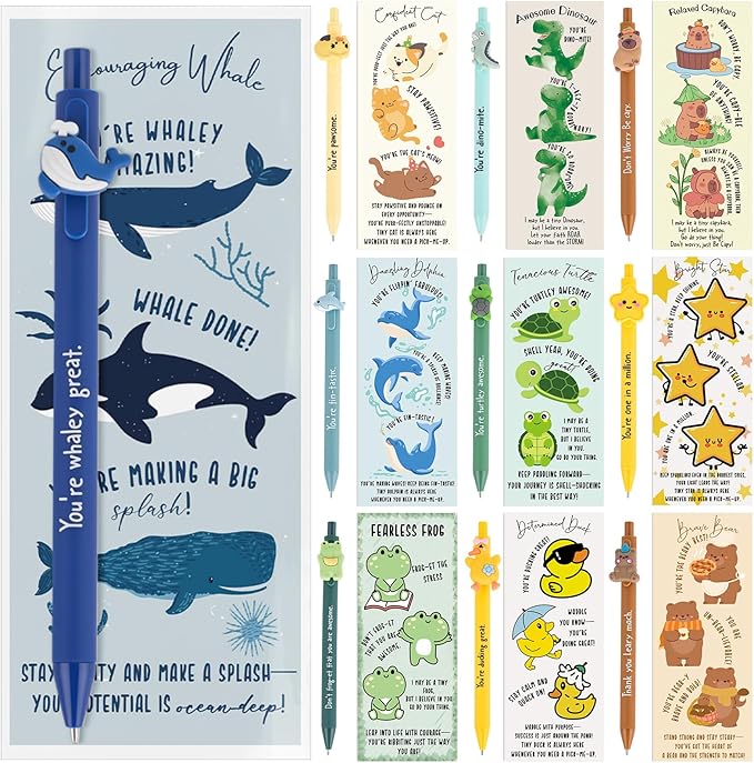 Eersida 100 Set Inspirational Ballpoint Pens Bulk Funny Animal Cute Pens Employee Appreciation Gifts with Positive Bookmarks for Coworkers Teacher Nurse Team Staff Christmas