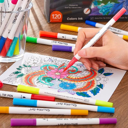 120 Colors Dual Tip Brush Marker Pens with 1 Coloring Book, Fineliner and Brush Dual Tip Markers Set, Water-based Ink Perfect for Kids Adult Artist Calligraphy Hand Lettering Journal Doodling Writing