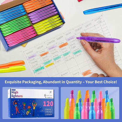 Highlighters Assorted Colors, 120 Pack Highlighters Bulk : No Bleed & Dry-Quickly, Highlighter Set : Chisel Tip & 6 Bright Colors, Highlighter Markers for school | college | office supplies