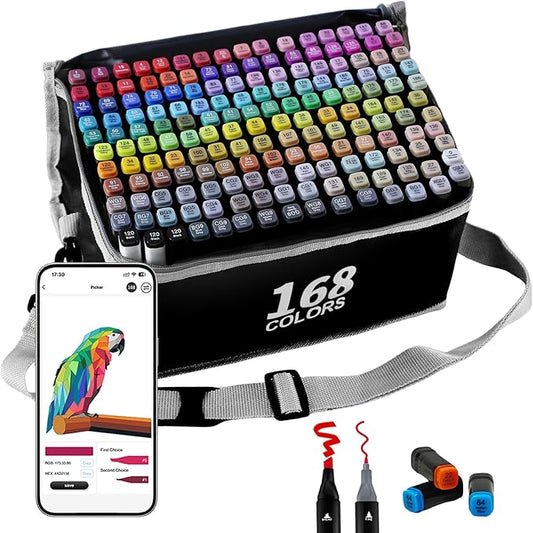 Alcohol Markers with APP, 168+2 Colors Dual Tip Art Marker for Adults Coloring Books, Alcohol Based Illustration Markers Set for Adult Artist Drawing Sketching Painting Lettering Cards