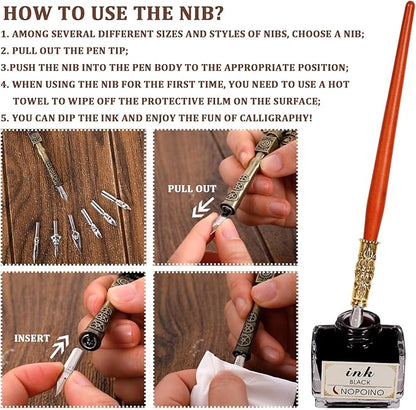 Quill Pen Calligraphy Set, Antique Mechanical Steampunk Style Feather Pen Includes 1 Wooden Dip Pen, 8 Nibs, 1 Bottle of Ink, 1 Letter Opener, 1 Base (Gray)