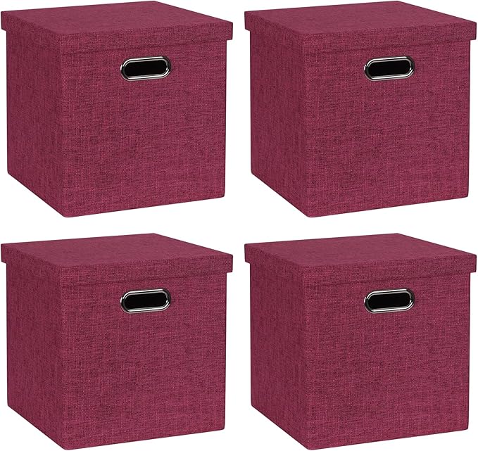 Storage Bins with Lids, Collapsible Linen Fabric Boxes Organizer Containers with Lid Foldable Storage Box Basket for Closet, Shelves, Home, Office, 11 x 11 x 11.4 Inch, 4 Pack, Red
