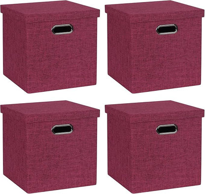 Storage Bins with Lids, Collapsible Linen Fabric Boxes Organizer Containers with Lid Foldable Storage Box Basket for Closet, Shelves, Home, Office, 11 x 11 x 11.4 Inch, 4 Pack, Red