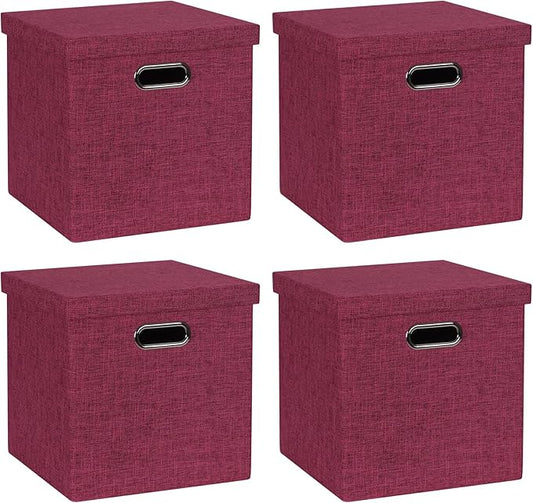 Storage Bins with Lids, Collapsible Linen Fabric Boxes Organizer Containers with Lid Foldable Storage Box Basket for Closet, Shelves, Home, Office, 11 x 11 x 11.4 Inch, 4 Pack, Red