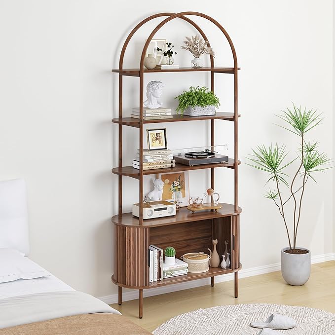 79" Tall Arched Bookshelf with Sliding Tambour Doors, Mid Century Modern Curved Bookcase Cabinet with Storage, 4-Tier Open Display Storage Shelf for Home Office,Living Room (Walnut, 79inch)